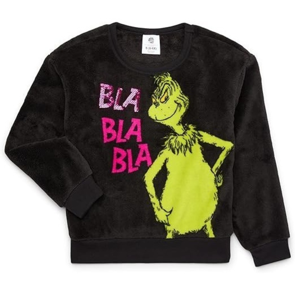 Dr. Seuss The Grinch Girls Sweatshirt Size L (10-12) Black Plush Pullover Cozy